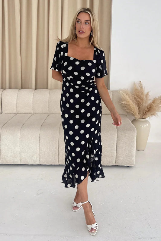 GIM Heidi Spot Burnout Ruched Midi Dress - Daisy Mae Boutique