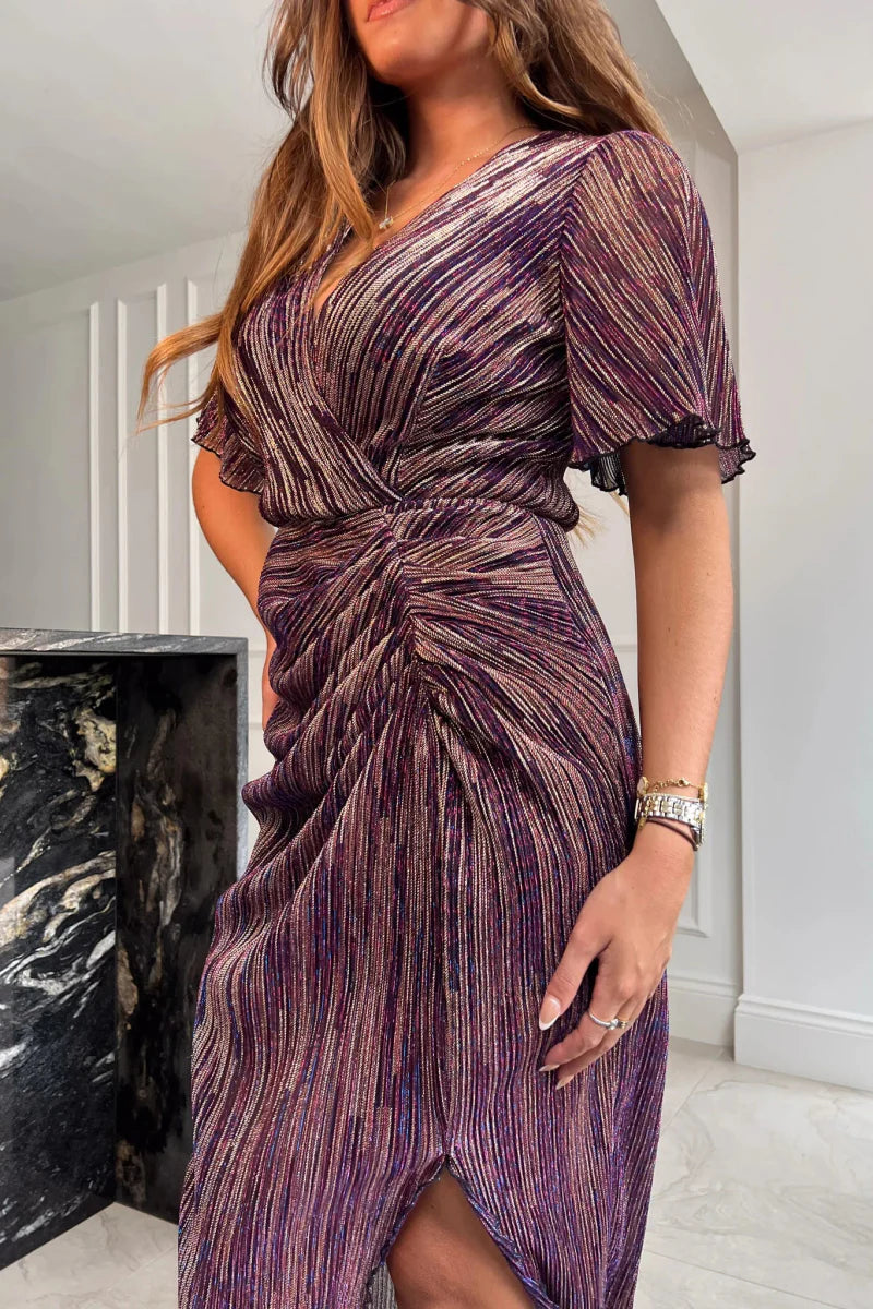 GIM Isla Purple & Gold Metallic Midi Dress - Daisy Mae Boutique