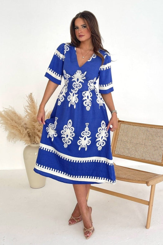 GIM Suzanne Cobalt Border Midi Dress - Daisy Mae Boutique