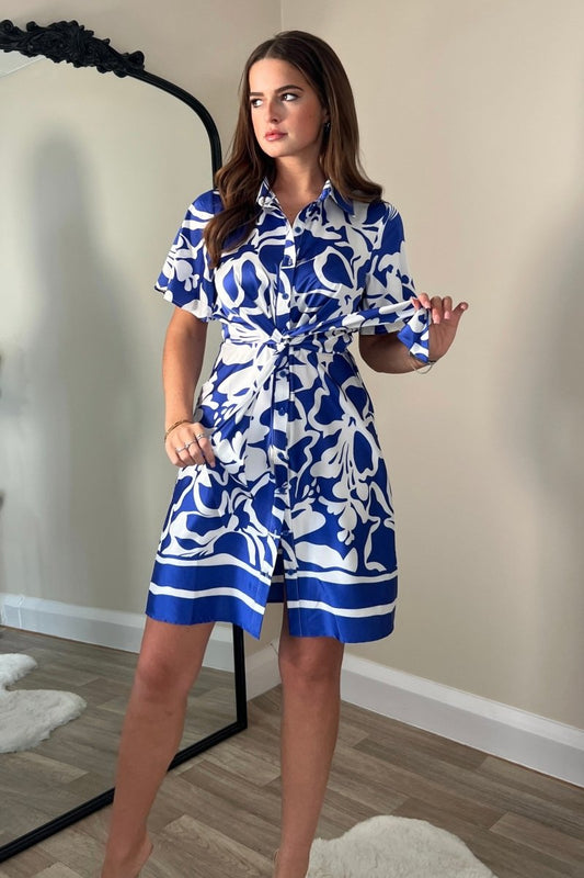 GIM Verity Cobalt Border Print Tie Detail Mini Shirt Dress - Daisy Mae Boutique