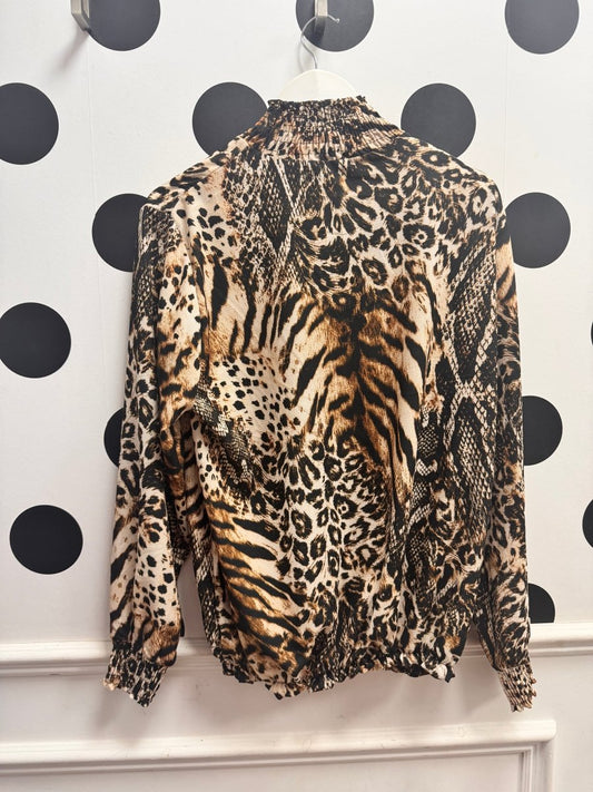 KM Brown Animal Print High Neck Blouse - Daisy Mae Boutique