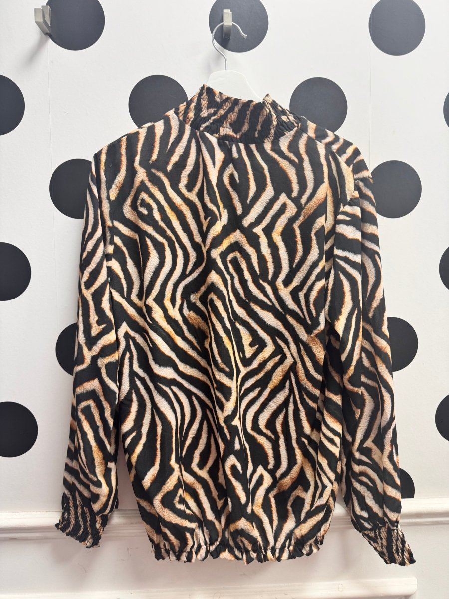 KM Brown Zebra Print High Neck Blouse - Daisy Mae Boutique