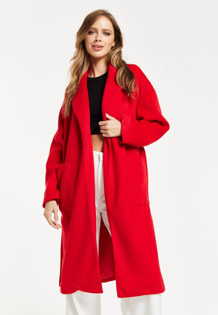 Liquorish Belted Longline Coat In Red - Daisy Mae Boutique