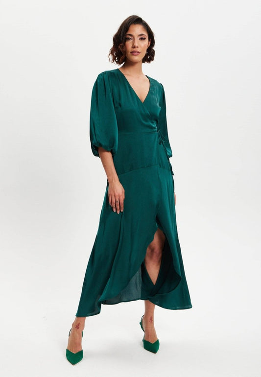 Liquorish Dark Green Midi Wrap Dress With Short Puff Sleeves - Daisy Mae Boutique