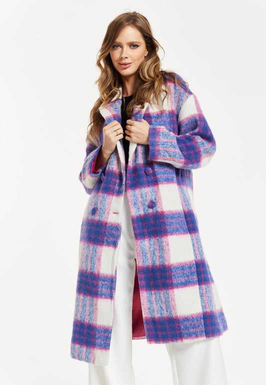 Liquorish Longline Coat In Pink And Navy Checks - Daisy Mae Boutique