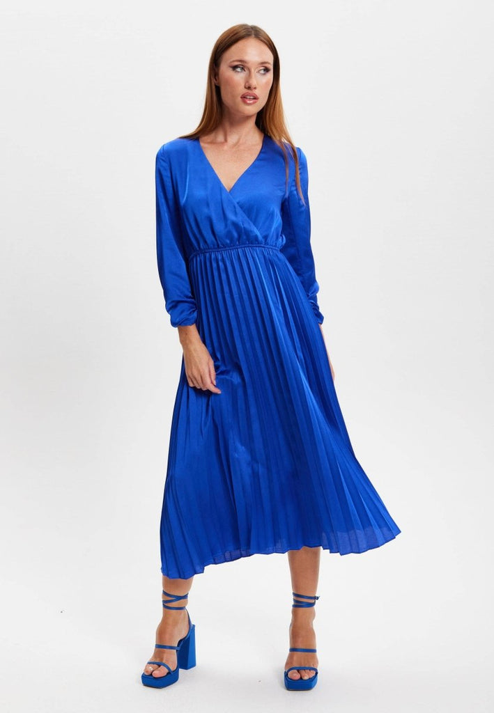 Liquorish Royal Blue Midi Dress With Pleat Details - Daisy Mae Boutique