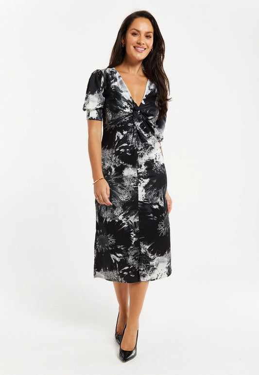 Liquorish Mono Abstract Print Knot Front Midi Dress