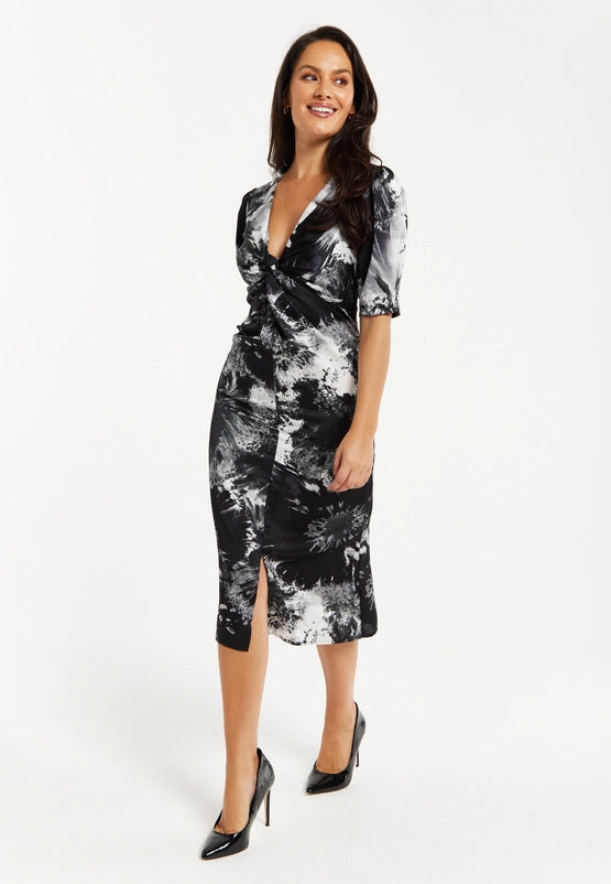 Liquorish Mono Abstract Print Knot Front Midi Dress