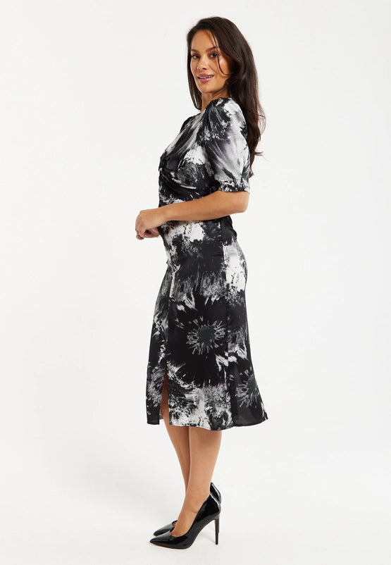 Liquorish Mono Abstract Print Knot Front Midi Dress