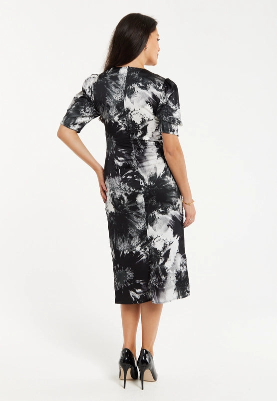 Liquorish Mono Abstract Print Knot Front Midi Dress