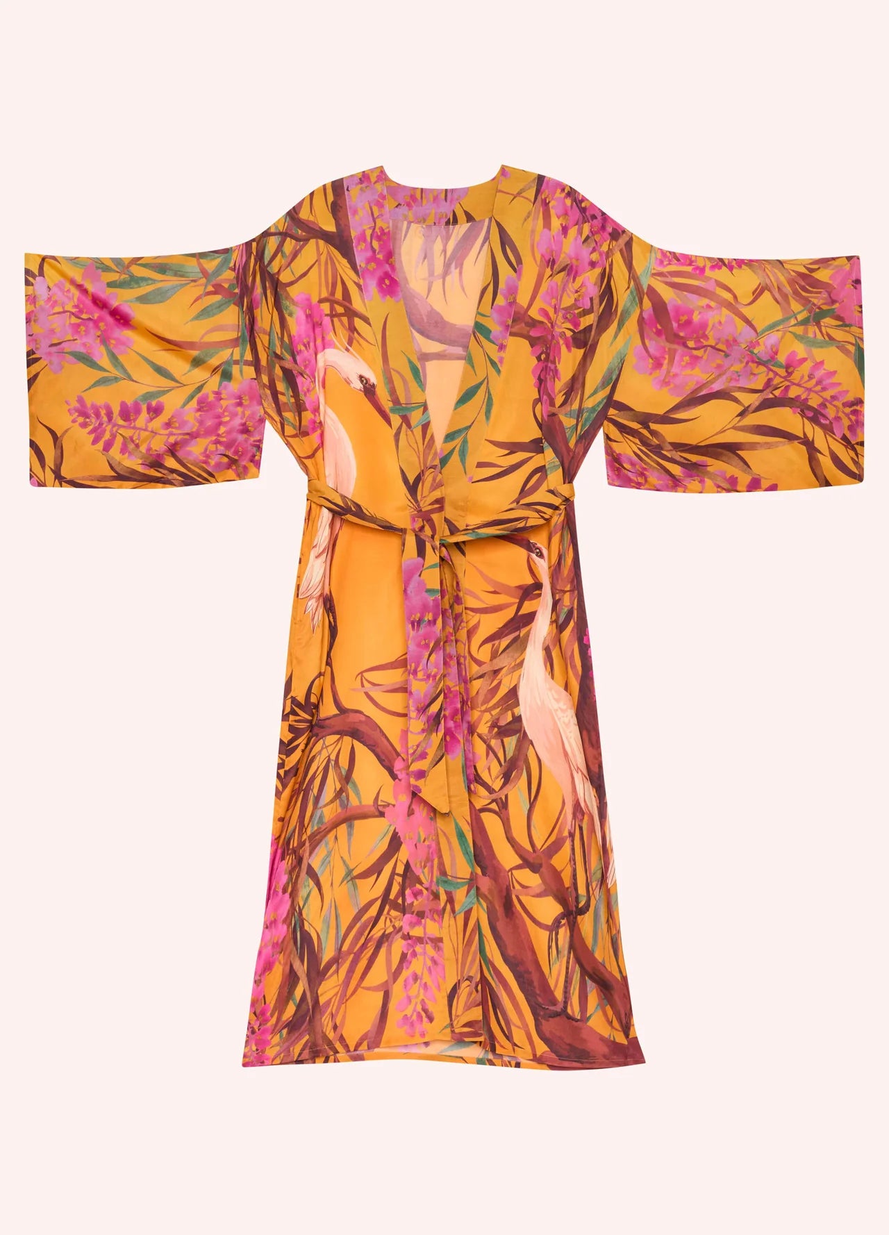 Powder Oriental Crane Ochre Kimono Gown