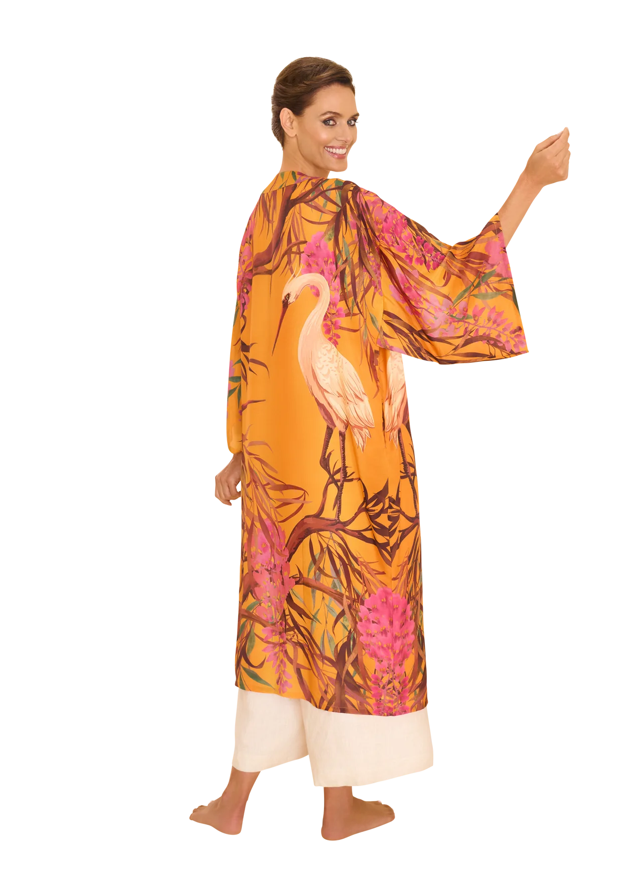 Powder Oriental Crane Ochre Kimono Gown