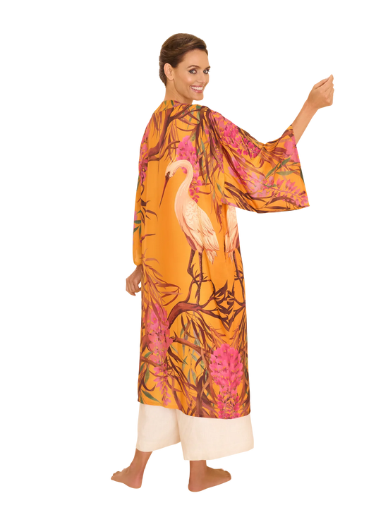 Powder Oriental Crane Ochre Kimono Gown