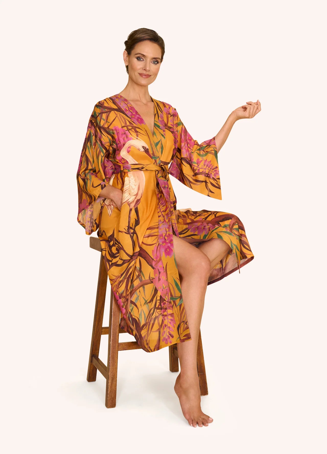 Powder Oriental Crane Ochre Kimono Gown