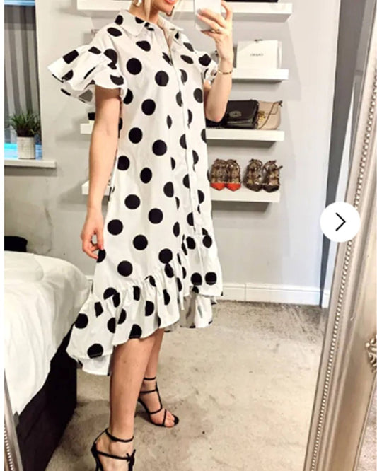 Polka Dot Print Dip Hem Dress - Daisy Mae Boutique