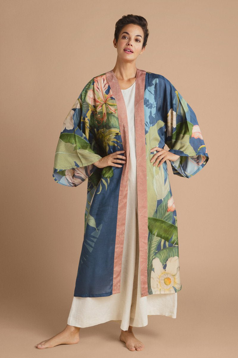 Powder Delicate Tropics Kimono Gown Indigo - Daisy Mae Boutique