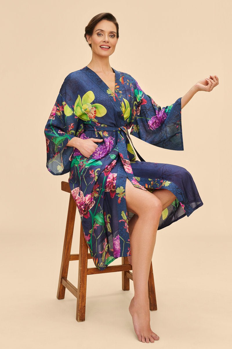 Powder Exotic Evening In Ink Kimono Gown - Daisy Mae Boutique