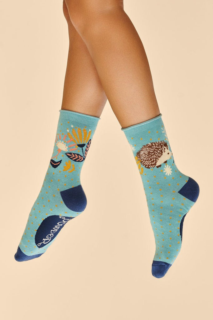 Powder Hedgehog Hunting in Leaves Ankle Socks Ice - Daisy Mae Boutique