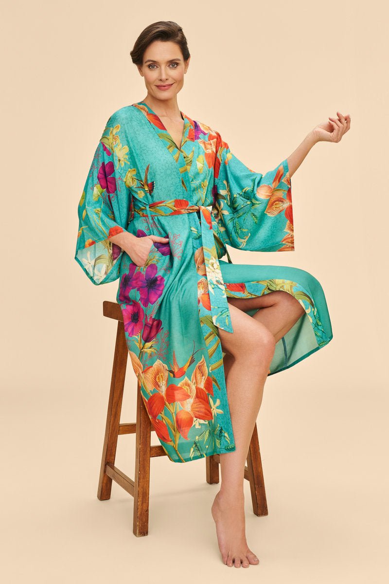 Powder Hummingbird At Dusk Kimono Gown - Daisy Mae Boutique