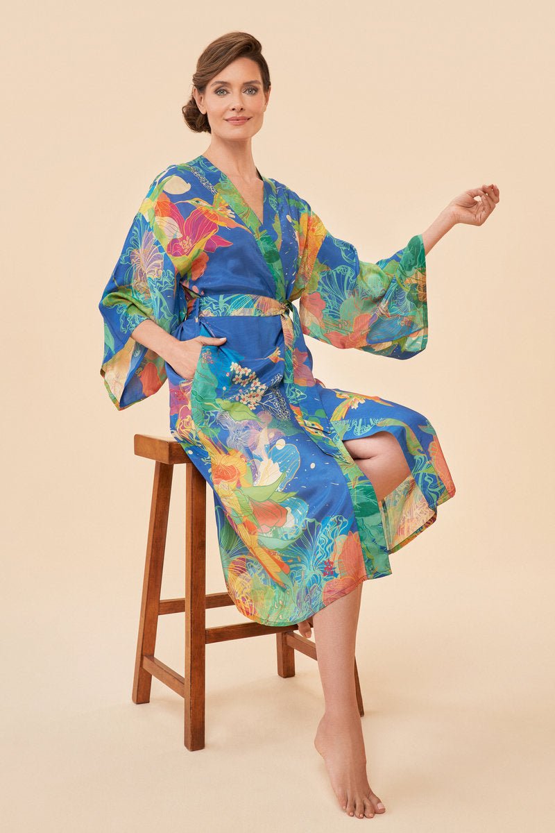 Powder Hummingbird Kimono Gown Denim - Daisy Mae Boutique