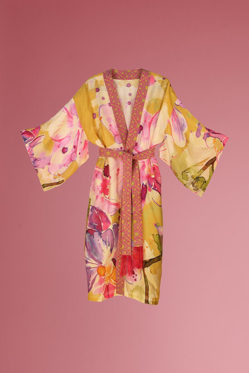 Powder Mustard Orchid Kimono Gown - Daisy Mae Boutique