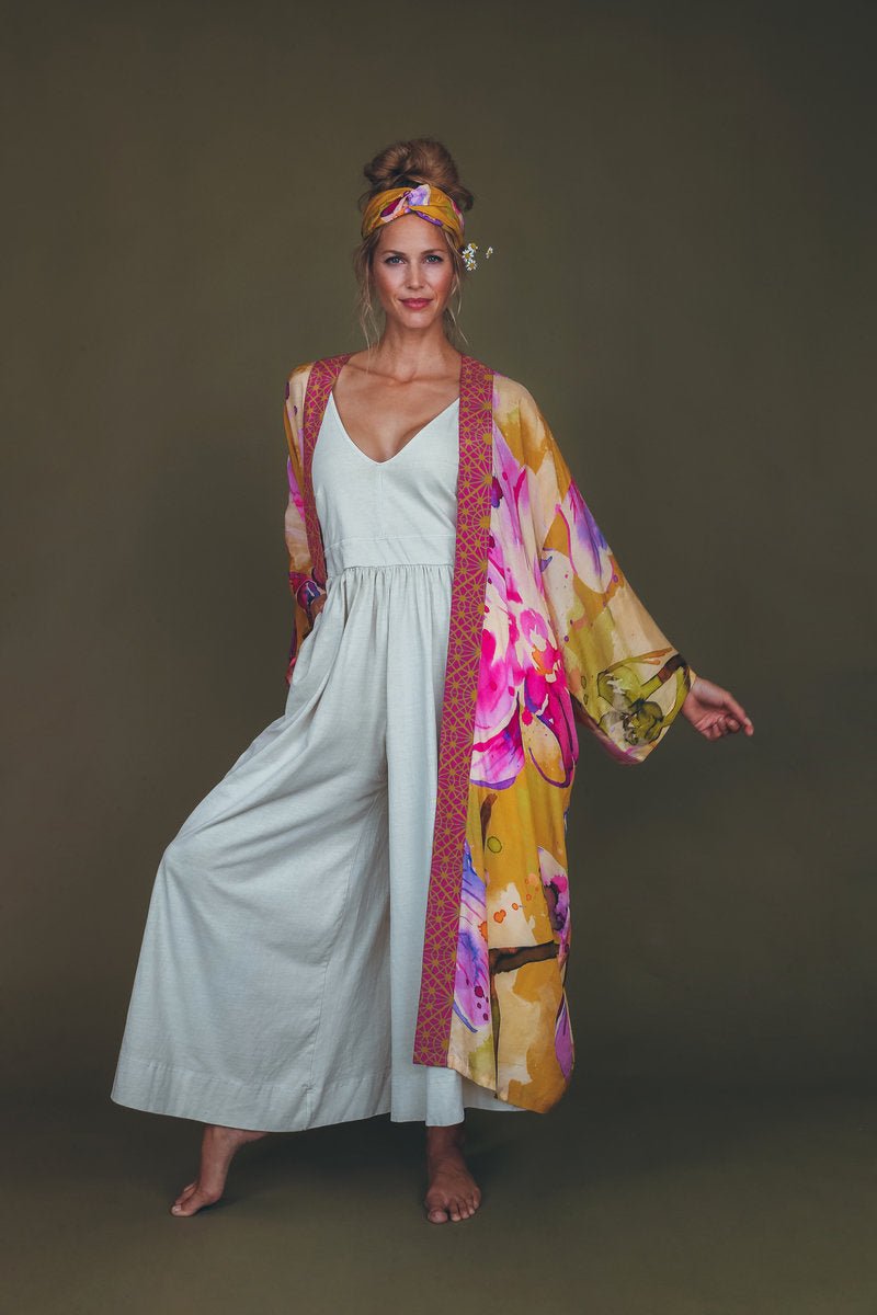 Powder Mustard Orchid Kimono Gown - Daisy Mae Boutique