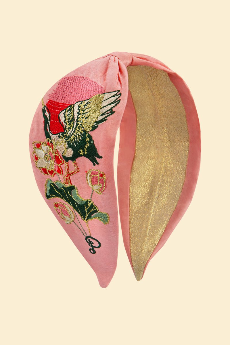 Powder Satin Embroidered Headband Crane At Sunrise - Daisy Mae Boutique