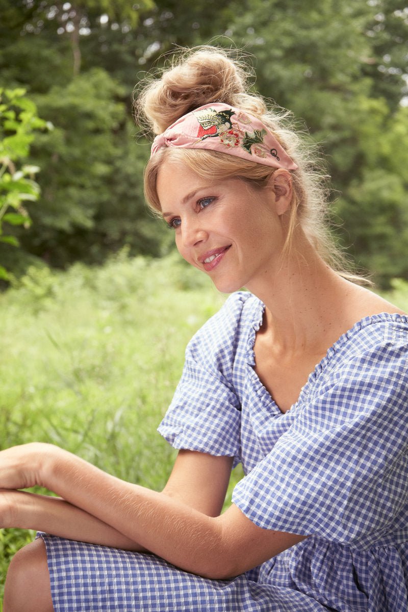 Powder Satin Embroidered Headband Crane At Sunrise - Daisy Mae Boutique