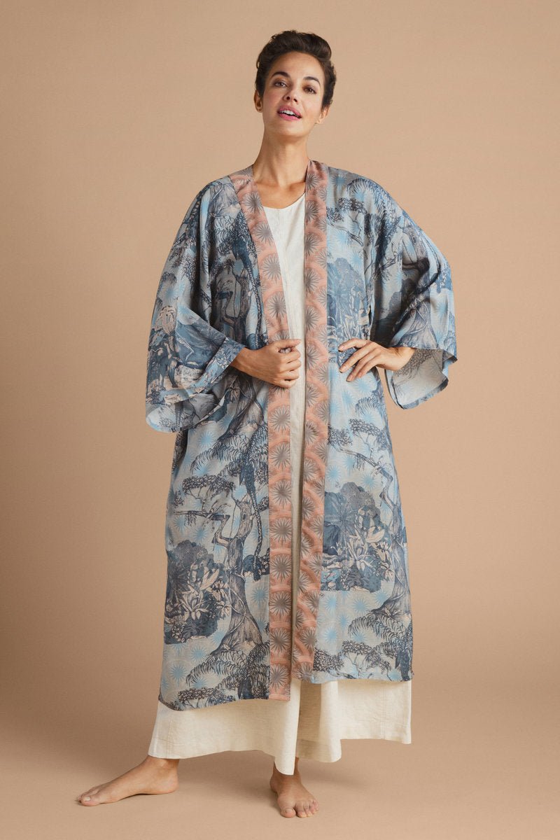 Powder Tropical Toile Kimono Gown Denim And Petal - Daisy Mae Boutique