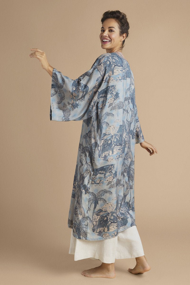 Powder Tropical Toile Kimono Gown Denim And Petal - Daisy Mae Boutique