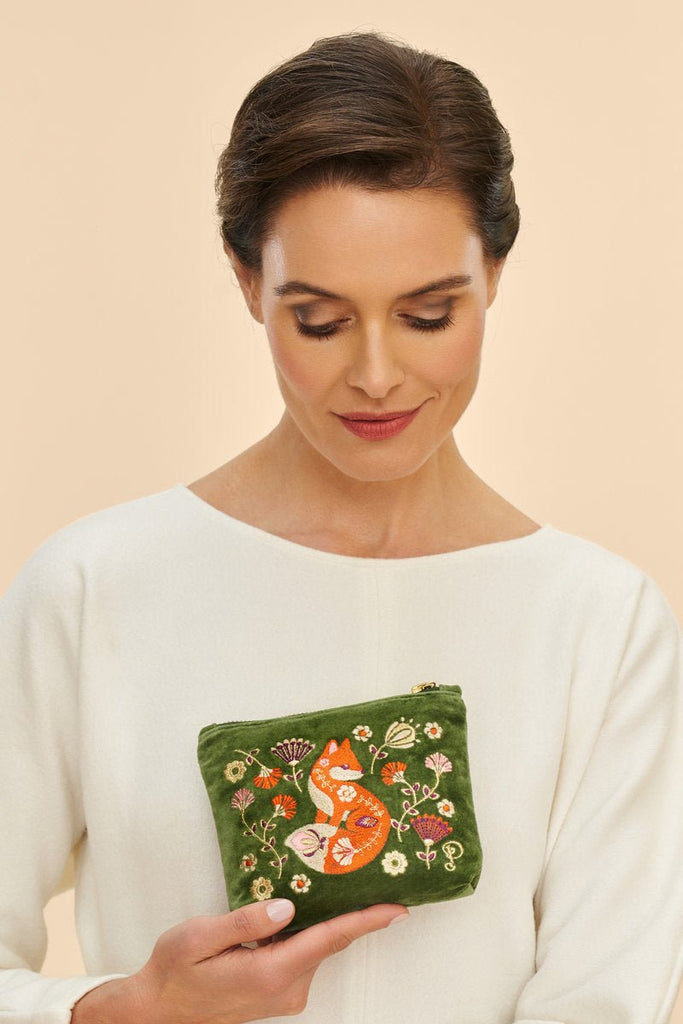 Powder Velvet Embroidered Mini Pouch - Scandinavian Fox - Daisy Mae Boutique