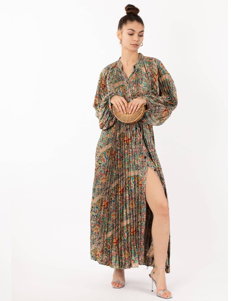 Scarf print Full pleated long Shirt dress - Daisy Mae Boutique