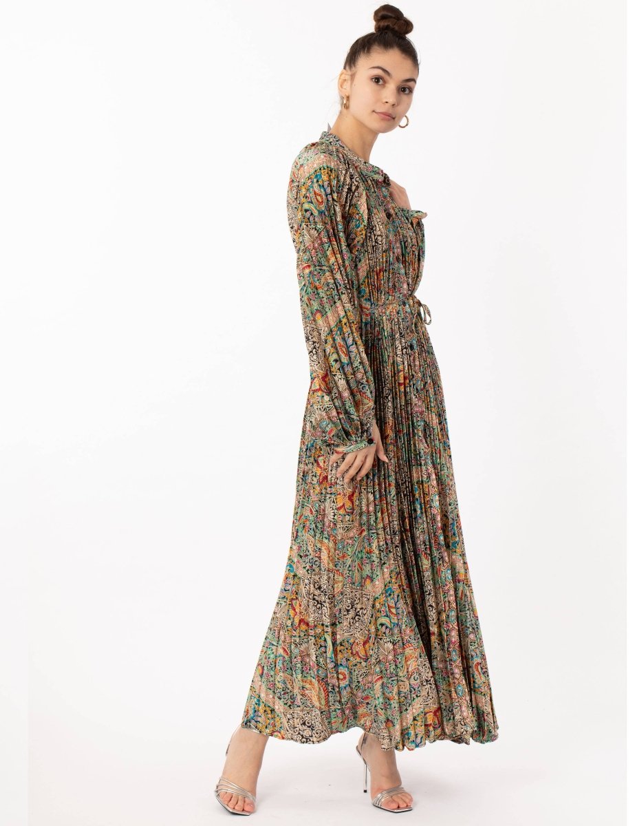 Scarf print Full pleated long Shirt dress - Daisy Mae Boutique