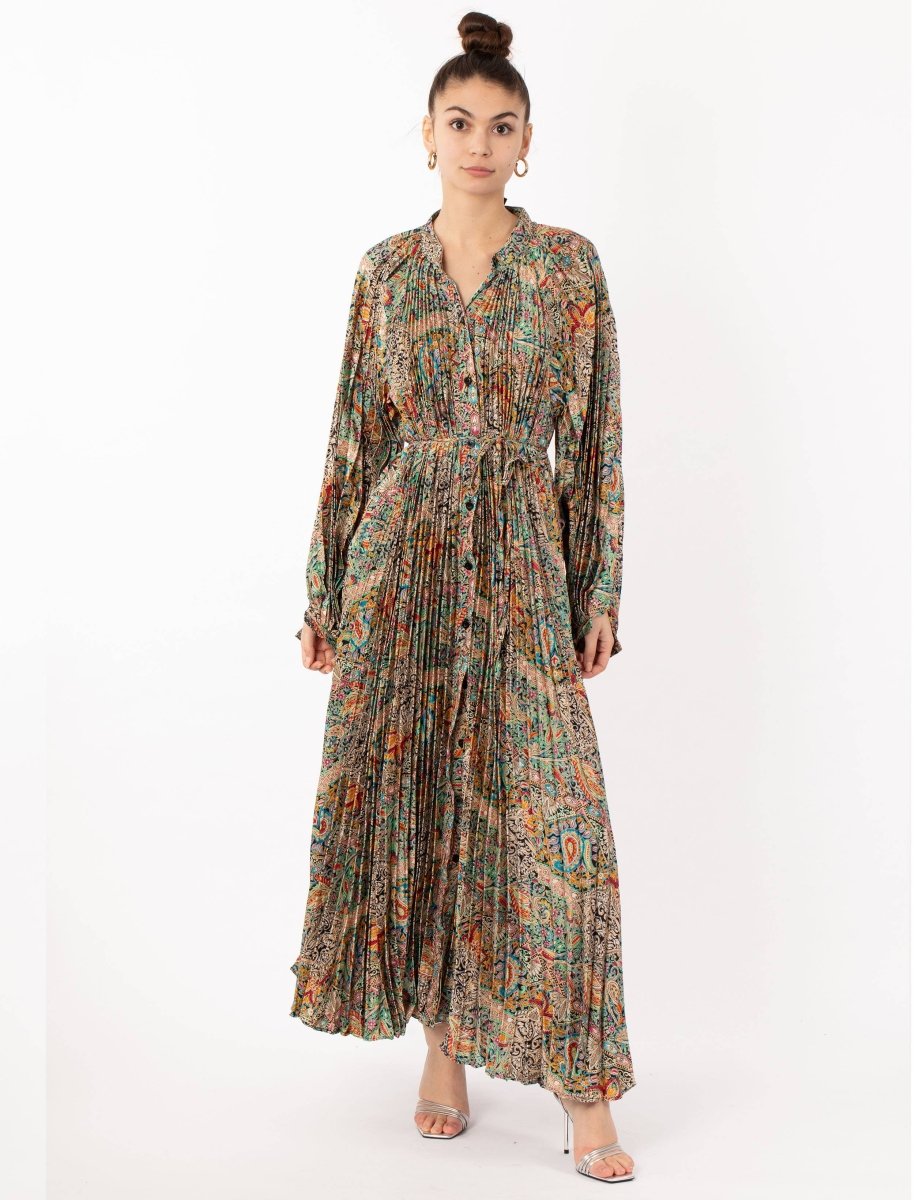 Scarf print Full pleated long Shirt dress - Daisy Mae Boutique