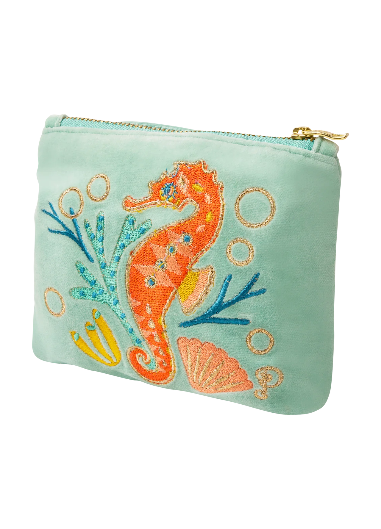 Powder Sparkling Seahorse Aqua Velvet Mini Pouch