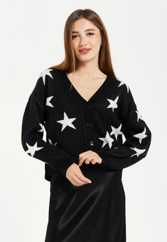 Liquorish White Star Cardigan in Black