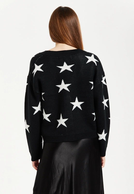 Liquorish White Star Cardigan in Black