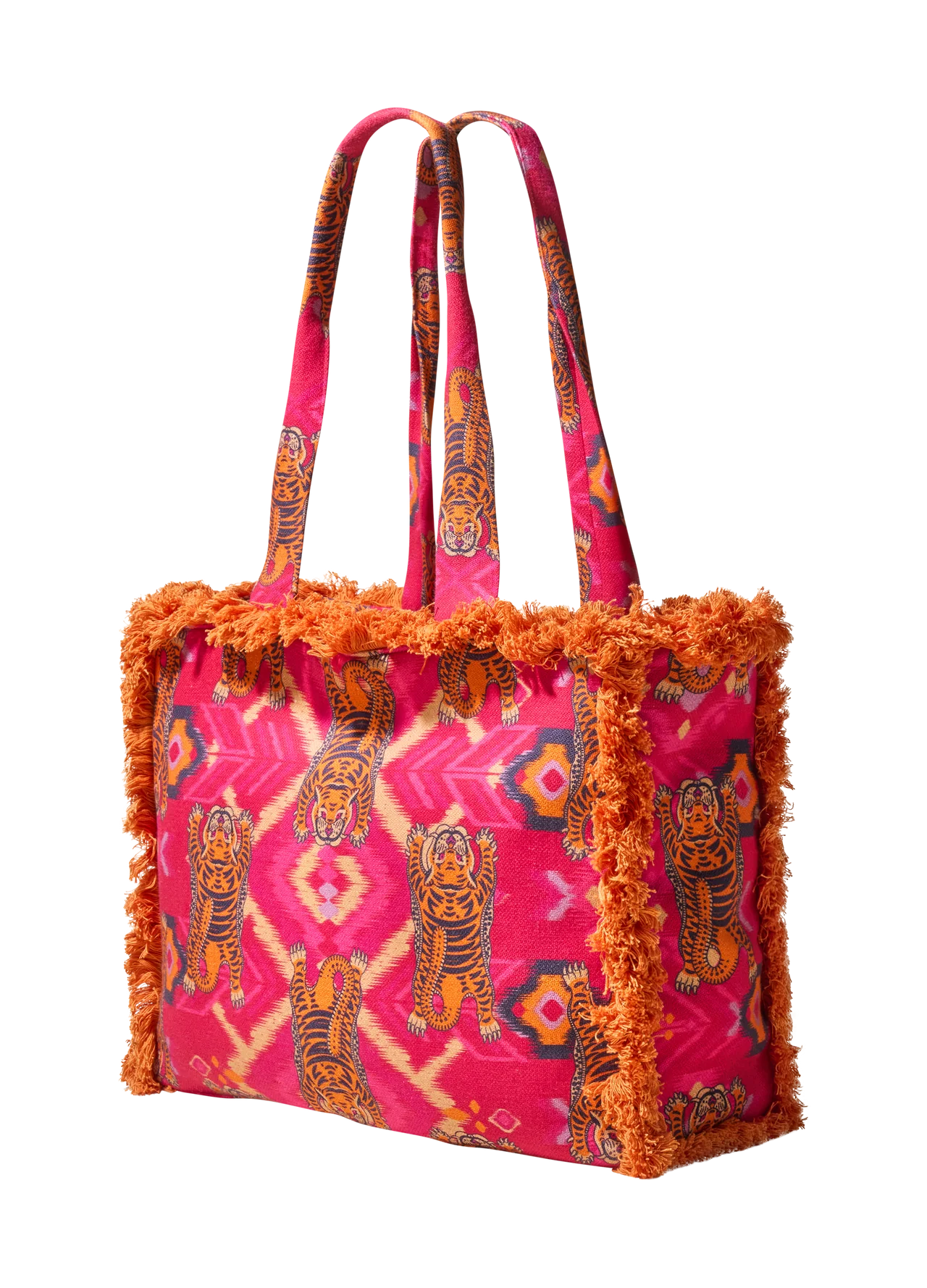 Powder Ikat Tigers Fuchsia Fringed Box Tote