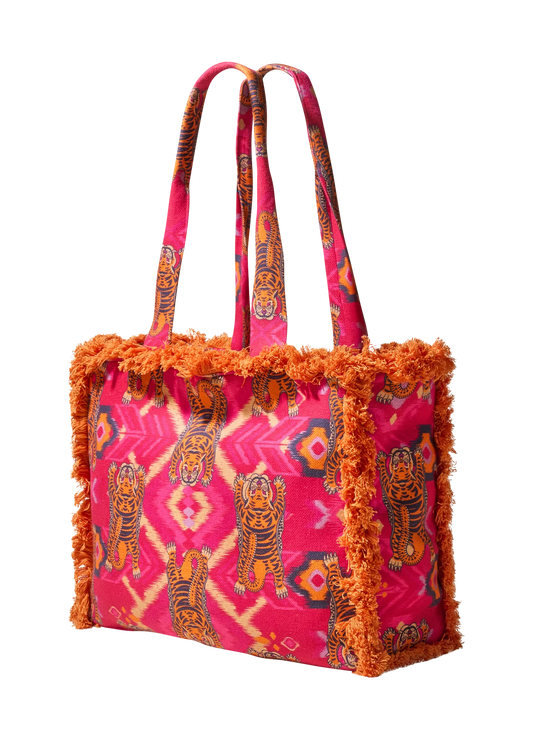 Powder Ikat Tigers Fuchsia Fringed Box Tote