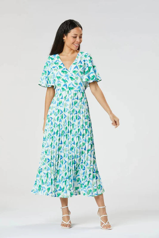 Zibi London Malika Blue Green Floral Pleated Dress - Daisy Mae Boutique