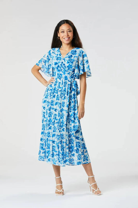 Zibi London Salma Blue Floral Pleated Dress - Daisy Mae Boutique