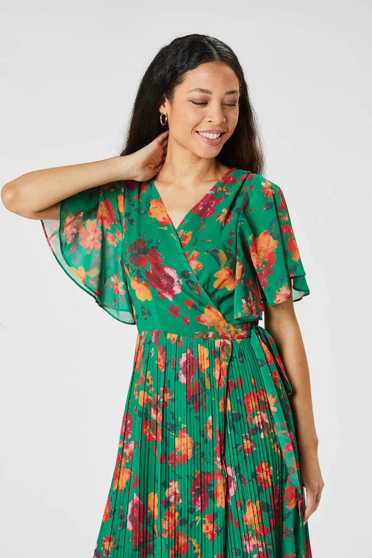 Zibi London Salma Green Floral Pleated Dress - Daisy Mae Boutique