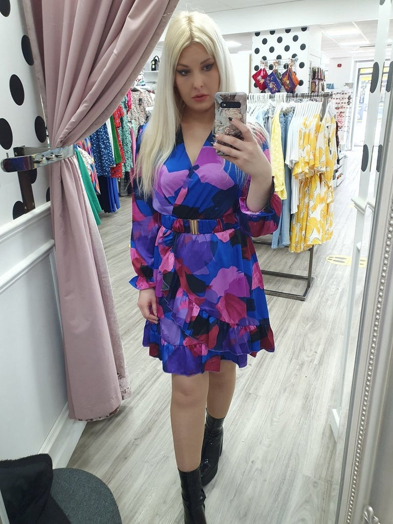 Amber Abstract Print Frill Mini Dress - Daisy Mae Boutique