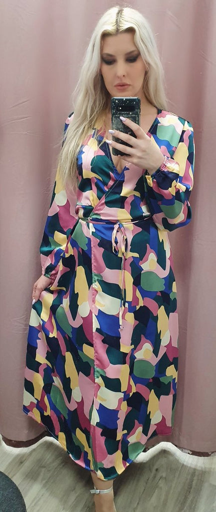 Amber Abstract Print Wrap Tie Midi Dress - Daisy Mae Boutique
