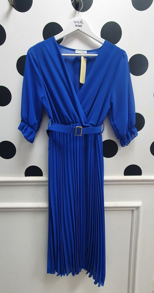 Amber Blue Belted Pleat Dress - Daisy Mae Boutique