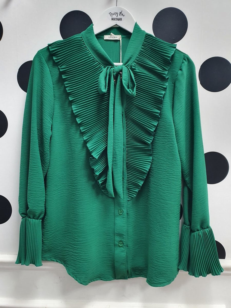 Amber Emerald Frill Pussybow Blouse - Daisy Mae Boutique