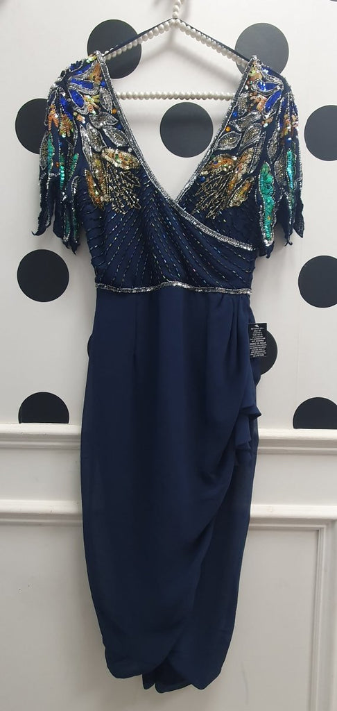 Amber Navy Leaf Wiggle Embellished Detail Occasion Dress - Daisy Mae Boutique