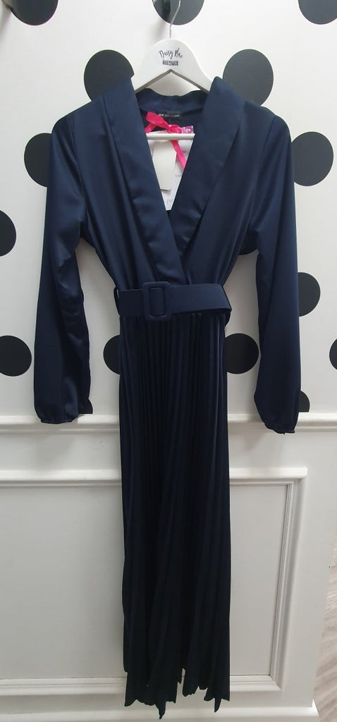 Amber Navy Satin Belted Dress - Daisy Mae Boutique