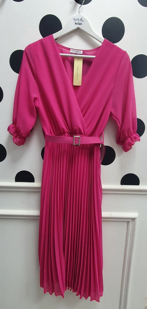 Amber Pink Belted Pleat Dress - Daisy Mae Boutique