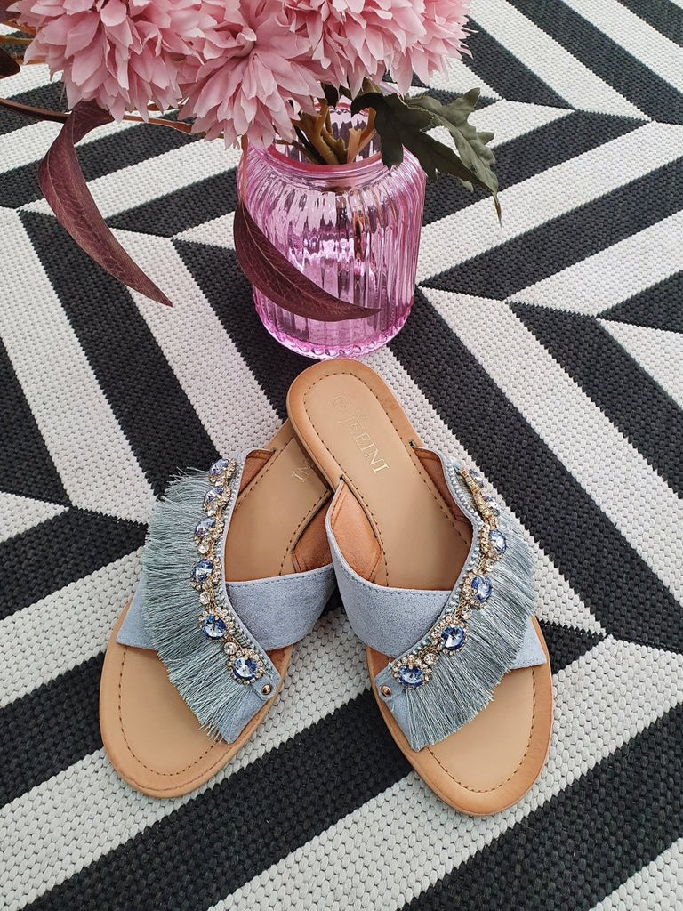 DMB Blue Embellished Sliders - Daisy Mae Boutique
